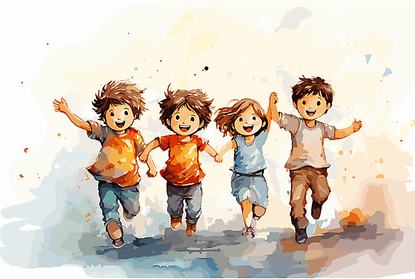 전신 여자 남자 행복 어린이 일러스트 수채화 미소 소녀 소년 여러명 달리기 손잡기 즐거움 어린이세상 어린이만 국내일러스트 AI파일 감정 다수 모션 표정 사람 파일형식 벡터