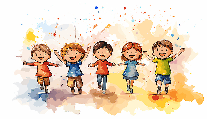 전신 여자 남자 행복 어린이 일러스트 수채화 미소 소녀 소년 여러명 달리기 만세 즐거움 어린이세상 어린이만 국내일러스트 AI파일 감정 다수 모션 표정 사람 파일형식 벡터