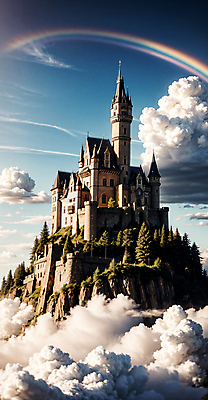 JPG 구름 편집이미지 백그라운드 무지개 하늘 사람없음 판타지 성 마법 편집실사 AI컴퓨터그래픽 AI콘텐츠 자연요소 건축물 상상 CG 파일형식