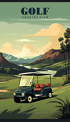 PSD 나무 구름 포스터 호수 일러스트 골프장 자연 하늘 산 풍경 잔디 사람없음 초록색 빈티지 골프카트 국내일러스트 자연요소 식물 컬러 컨셉 골프 스포츠시설 골프용품 생태계 파일형식