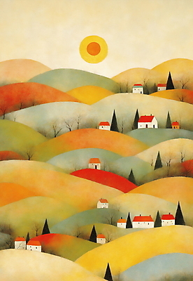 JPG 나무 일러스트 자연 새해 산 풍경 사람없음 태양 마을 일출 주황색 언덕 국내일러스트 AI일러스트 AI콘텐츠 자연요소 식물 컬러 노을 생태계 파일형식