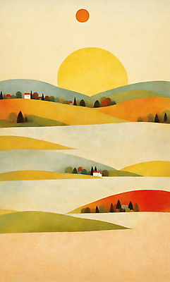 JPG 나무 일러스트 자연 새해 산 풍경 사람없음 태양 마을 일출 주황색 국내일러스트 AI일러스트 AI콘텐츠 자연요소 식물 컬러 노을 생태계 파일형식