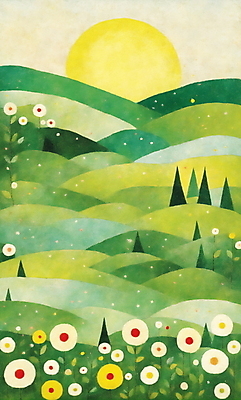 JPG 나무 꽃 일러스트 자연 새해 산 풍경 초원 사람없음 초록색 태양 일출 국내일러스트 AI일러스트 AI콘텐츠 자연요소 식물 컬러 노을 생태계 파일형식