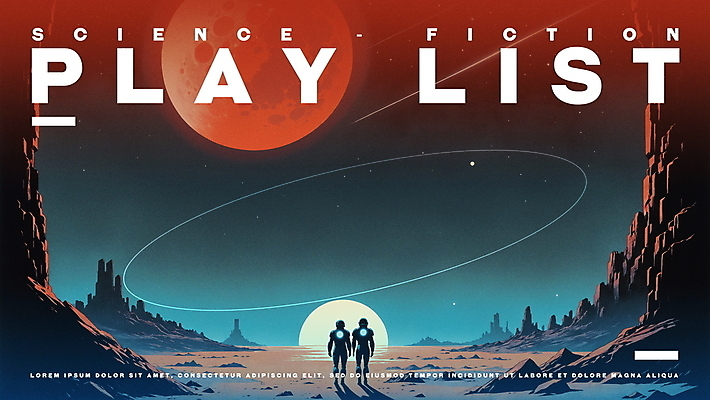 전신 PSD 포스터 음악 일러스트 밤하늘 미래 성인 타이포그라피 두명 판타지 우주 행성 빈티지 영화 청록색 성인만 SF 플레이리스트 국내일러스트 문자 컬러 컨셉 상상 하늘 문화예술 사람 야간 파일형식