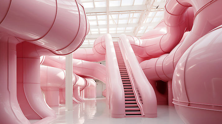 JPG 편집이미지 분홍색 추상 실내 사람없음 인테리어 계단 공간 디지털합성 파이프 편집실사 AI포토 AI콘텐츠 디자인 컬러 무늬 내부 CG 파일형식