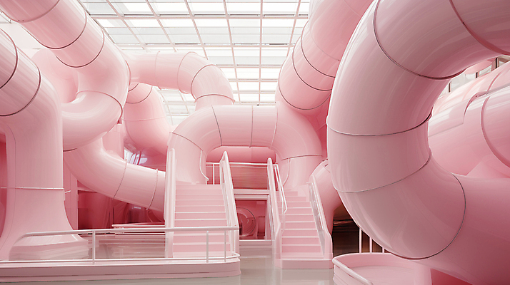 JPG 편집이미지 분홍색 추상 실내 사람없음 인테리어 계단 공간 디지털합성 파이프 편집실사 AI포토 AI콘텐츠 디자인 컬러 무늬 내부 CG 파일형식