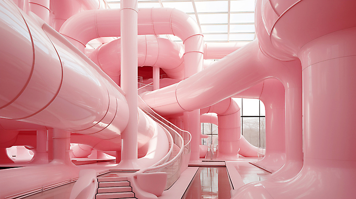 JPG 편집이미지 분홍색 추상 실내 사람없음 인테리어 계단 공간 디지털합성 파이프 편집실사 AI포토 AI콘텐츠 디자인 컬러 무늬 내부 CG 파일형식