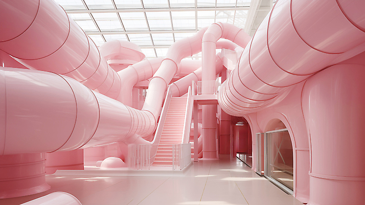 JPG 편집이미지 분홍색 추상 실내 사람없음 인테리어 계단 공간 디지털합성 파이프 편집실사 AI포토 AI콘텐츠 디자인 컬러 무늬 내부 CG 파일형식