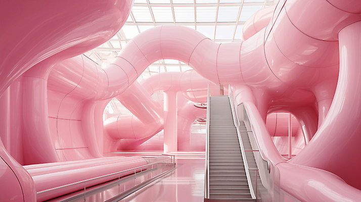 JPG 편집이미지 분홍색 추상 실내 사람없음 인테리어 계단 공간 디지털합성 파이프 편집실사 AI포토 AI콘텐츠 디자인 컬러 무늬 내부 CG 파일형식