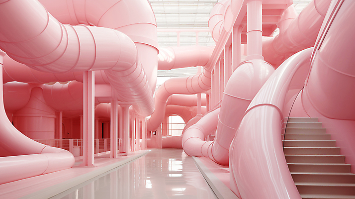 JPG 편집이미지 분홍색 추상 실내 사람없음 인테리어 계단 공간 디지털합성 파이프 편집실사 AI포토 AI콘텐츠 디자인 컬러 무늬 내부 CG 파일형식