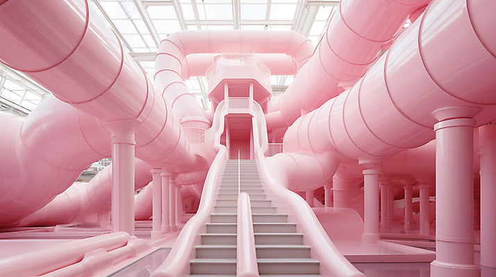 JPG 편집이미지 분홍색 추상 실내 사람없음 인테리어 계단 공간 디지털합성 파이프 편집실사 AI포토 AI콘텐츠 디자인 컬러 무늬 내부 CG 파일형식