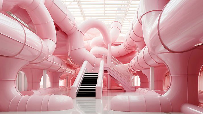 JPG 편집이미지 분홍색 추상 실내 사람없음 인테리어 계단 공간 디지털합성 파이프 편집실사 AI포토 AI콘텐츠 디자인 컬러 무늬 내부 CG 파일형식