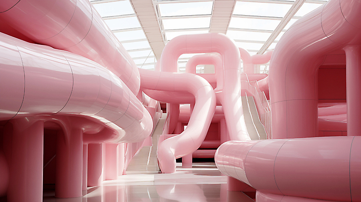 JPG 편집이미지 분홍색 추상 실내 사람없음 인테리어 계단 공간 디지털합성 파이프 편집실사 AI포토 AI콘텐츠 디자인 컬러 무늬 내부 CG 파일형식