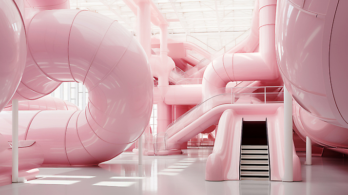 JPG 편집이미지 분홍색 추상 실내 사람없음 인테리어 계단 공간 디지털합성 파이프 편집실사 AI포토 AI콘텐츠 디자인 컬러 무늬 내부 CG 파일형식