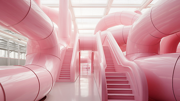 JPG 편집이미지 분홍색 추상 실내 사람없음 인테리어 계단 공간 디지털합성 파이프 편집실사 AI포토 AI콘텐츠 디자인 컬러 무늬 내부 CG 파일형식