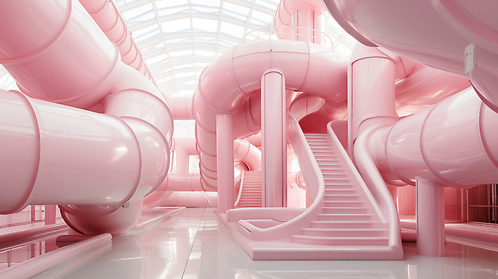 JPG 편집이미지 분홍색 추상 실내 사람없음 인테리어 계단 공간 디지털합성 파이프 편집실사 AI포토 AI콘텐츠 디자인 컬러 무늬 내부 CG 파일형식