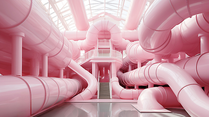 JPG 편집이미지 분홍색 추상 실내 사람없음 인테리어 계단 공간 디지털합성 파이프 편집실사 AI포토 AI콘텐츠 디자인 컬러 무늬 내부 CG 파일형식