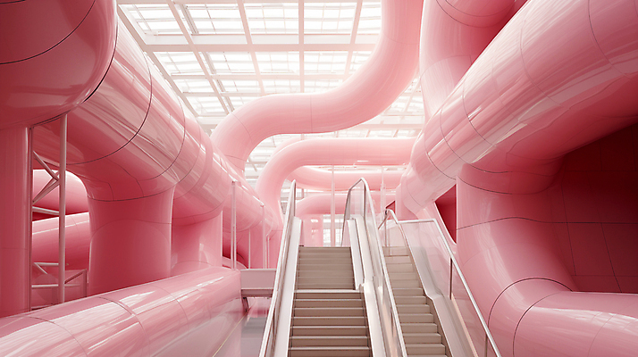 JPG 편집이미지 분홍색 추상 실내 사람없음 인테리어 계단 공간 디지털합성 파이프 편집실사 AI포토 AI콘텐츠 디자인 컬러 무늬 내부 CG 파일형식