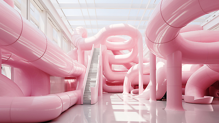 JPG 편집이미지 분홍색 추상 실내 사람없음 인테리어 계단 공간 디지털합성 파이프 편집실사 AI포토 AI콘텐츠 디자인 컬러 무늬 내부 CG 파일형식