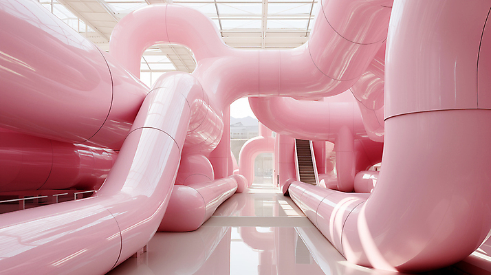 JPG 편집이미지 분홍색 추상 실내 사람없음 인테리어 계단 공간 디지털합성 파이프 편집실사 AI포토 AI콘텐츠 디자인 컬러 무늬 내부 CG 파일형식