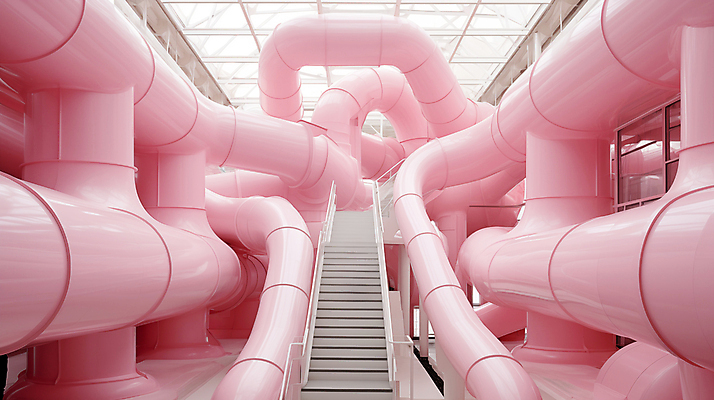 JPG 편집이미지 분홍색 추상 실내 사람없음 인테리어 계단 공간 디지털합성 파이프 편집실사 AI포토 AI콘텐츠 디자인 컬러 무늬 내부 CG 파일형식