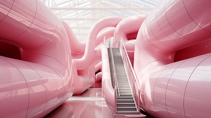 JPG 편집이미지 분홍색 추상 실내 사람없음 인테리어 계단 공간 디지털합성 파이프 편집실사 AI포토 AI콘텐츠 디자인 컬러 무늬 내부 CG 파일형식