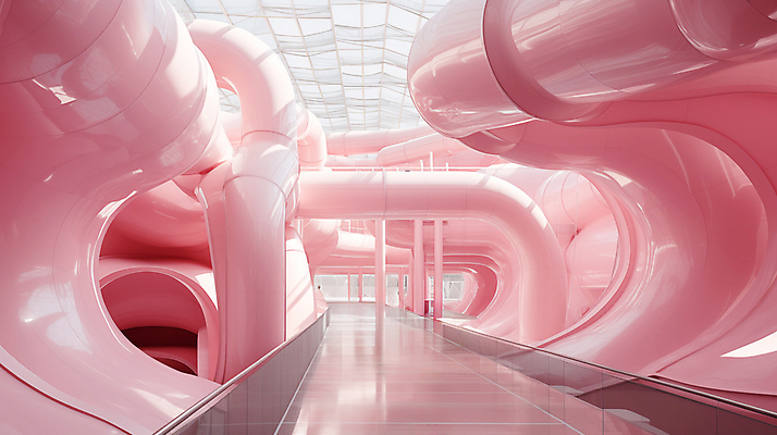 JPG 편집이미지 분홍색 추상 실내 사람없음 인테리어 공간 디지털합성 파이프 편집실사 AI포토 AI콘텐츠 디자인 컬러 무늬 내부 CG 파일형식