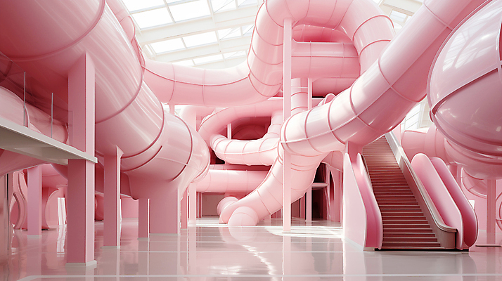 JPG 편집이미지 분홍색 추상 실내 사람없음 인테리어 계단 공간 디지털합성 파이프 편집실사 AI포토 AI콘텐츠 디자인 컬러 무늬 내부 CG 파일형식