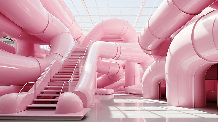 JPG 편집이미지 분홍색 추상 실내 사람없음 인테리어 계단 공간 디지털합성 파이프 편집실사 AI포토 AI콘텐츠 디자인 컬러 무늬 내부 CG 파일형식