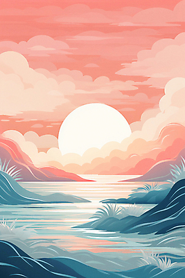 JPG 포스터 바다 백그라운드 일러스트 자연 풍경 사람없음 태양 일출 일몰 분위기 미니멀 국내일러스트 AI일러스트 AI콘텐츠 자연요소 컨셉 노을 생태계 파일형식