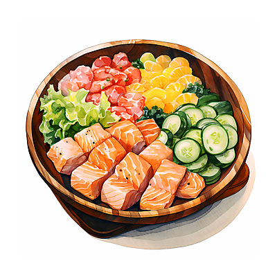 JPG 음식 채소 일러스트 오이 수채화 요리 사람없음 샐러드 신선 슬라이스 연어 나무그릇 국내일러스트 AI일러스트 AI콘텐츠 그릇 어류 목재 파일형식