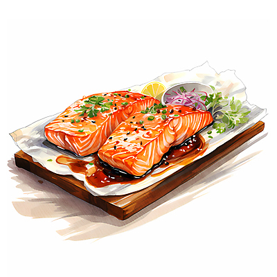 JPG 음식 일러스트 수채화 요리 사람없음 신선 슬라이스 연어 생선구이 연어구이 국내일러스트 AI일러스트 AI콘텐츠 어류 구이 생선요리 파일형식