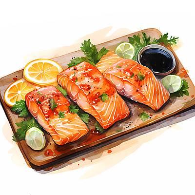 JPG 음식 일러스트 수채화 요리 사람없음 신선 슬라이스 연어 생선구이 연어구이 국내일러스트 AI일러스트 AI콘텐츠 어류 구이 생선요리 파일형식