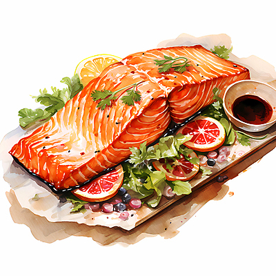 JPG 음식 일러스트 수채화 요리 사람없음 신선 슬라이스 연어 생선구이 연어구이 국내일러스트 AI일러스트 AI콘텐츠 어류 구이 생선요리 파일형식