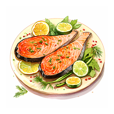 JPG 음식 일러스트 수채화 요리 사람없음 신선 슬라이스 연어 생선구이 연어구이 국내일러스트 AI일러스트 AI콘텐츠 어류 구이 생선요리 파일형식