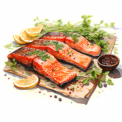 JPG 음식 일러스트 수채화 요리 사람없음 신선 슬라이스 연어 생선구이 연어구이 국내일러스트 AI일러스트 AI콘텐츠 어류 구이 생선요리 파일형식