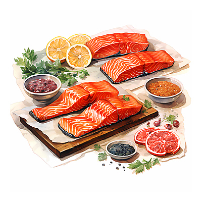 JPG 음식 일러스트 수채화 요리 사람없음 신선 레몬 슬라이스 연어 국내일러스트 AI일러스트 AI콘텐츠 과일 어류 파일형식