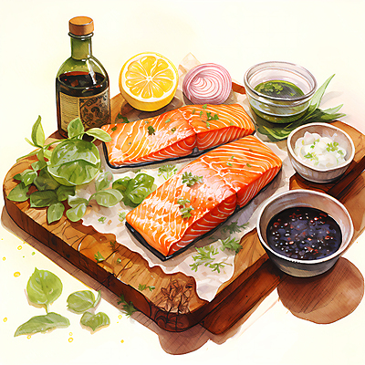 JPG 음식 일러스트 수채화 요리 사람없음 신선 소스 올리브오일 레몬 슬라이스 연어 국내일러스트 AI일러스트 AI콘텐츠 과일 어류 양념 기름_음식 파일형식