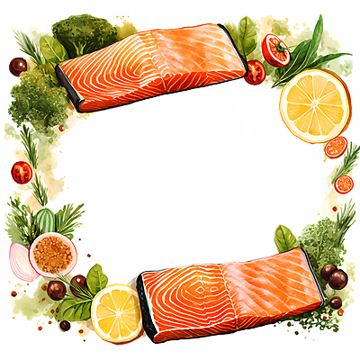 JPG 음식 일러스트 수채화 사각프레임 프레임 요리 사람없음 신선 레몬 슬라이스 연어 국내일러스트 AI일러스트 AI콘텐츠 과일 어류 사각형 파일형식