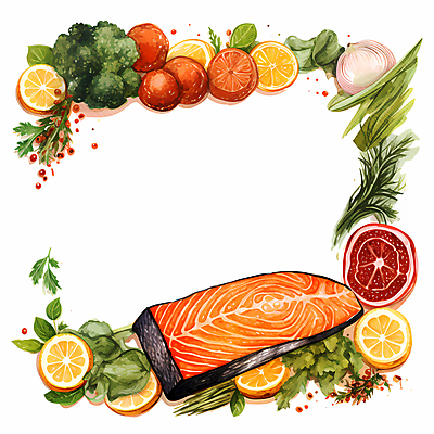 JPG 음식 일러스트 수채화 사각프레임 프레임 요리 사람없음 신선 레몬 슬라이스 연어 국내일러스트 AI일러스트 AI콘텐츠 과일 어류 사각형 파일형식