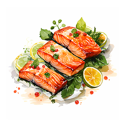 JPG 음식 일러스트 수채화 요리 사람없음 신선 슬라이스 연어 연어구이 국내일러스트 AI일러스트 AI콘텐츠 어류 생선구이 파일형식