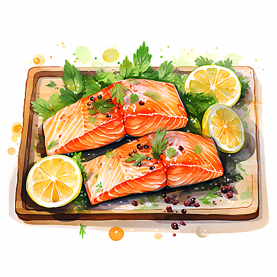 JPG 음식 일러스트 수채화 요리 사람없음 신선 레몬 슬라이스 연어 국내일러스트 AI일러스트 AI콘텐츠 과일 어류 파일형식