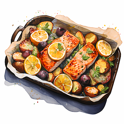 JPG 음식 일러스트 수채화 요리 사람없음 신선 레몬 슬라이스 연어 생선구이 연어구이 국내일러스트 AI일러스트 AI콘텐츠 과일 어류 구이 생선요리 파일형식