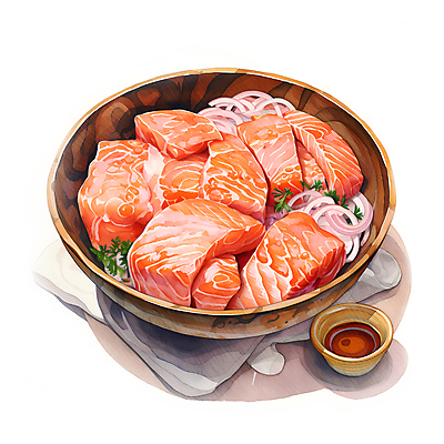 JPG 음식 일러스트 양파 수채화 요리 사람없음 신선 슬라이스 연어 나무그릇 국내일러스트 AI일러스트 AI콘텐츠 그릇 채소 어류 목재 파일형식