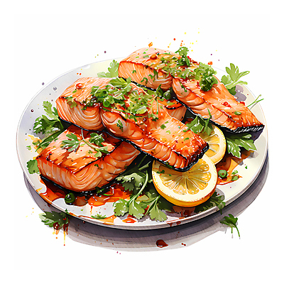 JPG 음식 일러스트 수채화 요리 사람없음 신선 레몬 슬라이스 연어 생선구이 연어구이 국내일러스트 AI일러스트 AI콘텐츠 과일 어류 구이 생선요리 파일형식