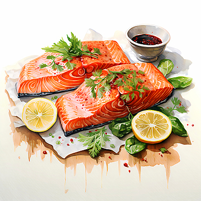 JPG 음식 일러스트 수채화 요리 사람없음 신선 레몬 슬라이스 연어 생선구이 연어구이 국내일러스트 AI일러스트 AI콘텐츠 과일 어류 구이 생선요리 파일형식
