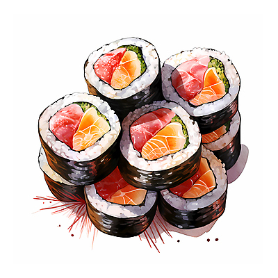 JPG 음식 일러스트 수채화 요리 사람없음 초밥 신선 슬라이스 연어 국내일러스트 AI일러스트 AI콘텐츠 어류 일본음식 파일형식