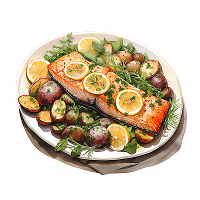 JPG 음식 일러스트 수채화 요리 사람없음 신선 레몬 슬라이스 연어 생선구이 연어구이 국내일러스트 AI일러스트 AI콘텐츠 과일 어류 구이 생선요리 파일형식