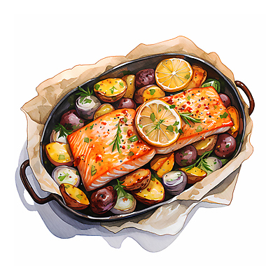 JPG 음식 일러스트 수채화 요리 사람없음 신선 레몬 슬라이스 연어 생선구이 연어구이 국내일러스트 AI일러스트 AI콘텐츠 과일 어류 구이 생선요리 파일형식
