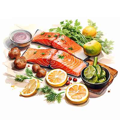 JPG 음식 일러스트 수채화 요리 사람없음 신선 레몬 슬라이스 라임 연어 국내일러스트 AI일러스트 AI콘텐츠 과일 어류 파일형식